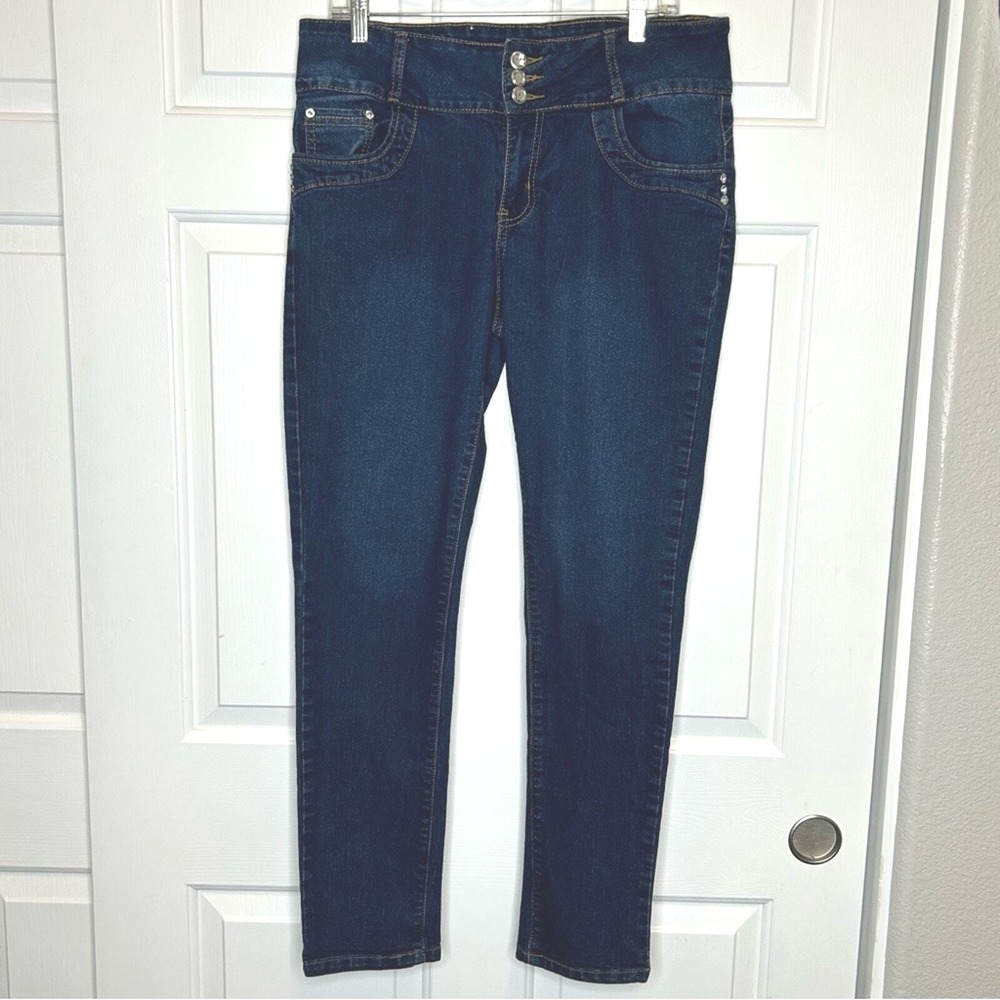 Paris Fashion Women's Dark Wash Denim Jeans High Waist Embellished‎ Pockets 16
